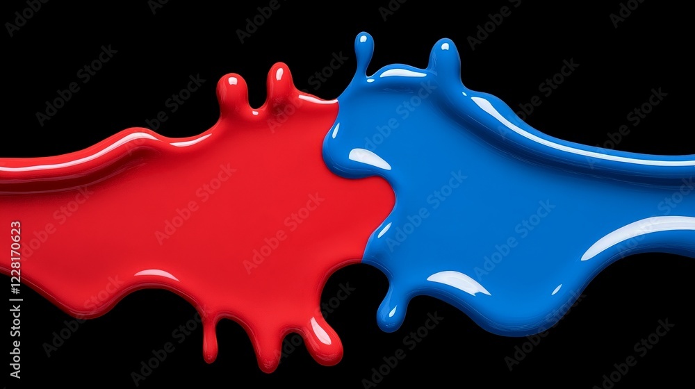 Poster red and blue collision: dynamic abstract image of red and blue paint colliding and splashing against