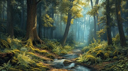 Obraz premium Sunlit stream flows through a lush green forest