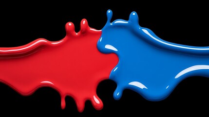 Obraz premium Red and Blue Collision: Dynamic abstract image of red and blue paint colliding and splashing against a stark black background, creating a vibrant and energetic visual.
