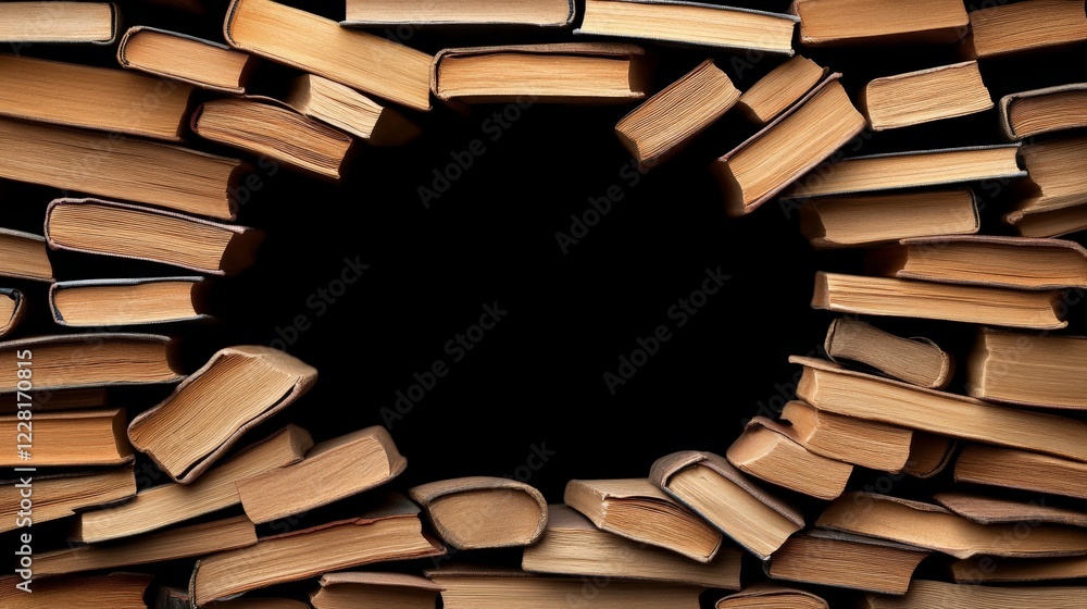 Poster bookshelf of knowledge: a captivating circular arrangement of stacked, aged books creates a striking