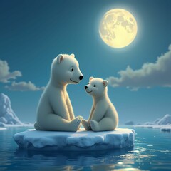 Polar Bear and Cub under the moon