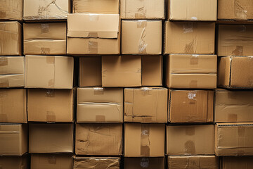 Stacked Cardboard Boxes: A high-angle, close-up shot of numerous cardboard boxes neatly stacked, creating a uniform texture and pattern.  The boxes show signs of wear, adding to the realistic feel.