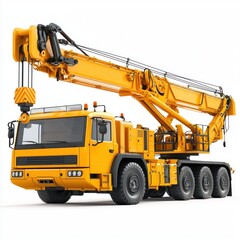 Fototapeta premium Crane Truck realistic isolated on white background. Heavy Machinery. Construction Vehicle. Mobile Crane. Truck with Crane Arm. Crane Truck Design Element. Realistic Crane Truck isolated for Designers.
