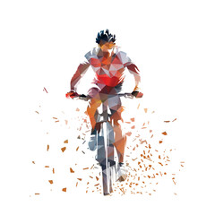 Obraz premium Mountain biking, cycling logo. Isolated low poly vector illustration with dispersion effect. Biker, front view