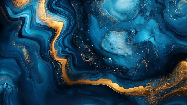 Dynamic flow of blue and gold marble paint patterns in motion