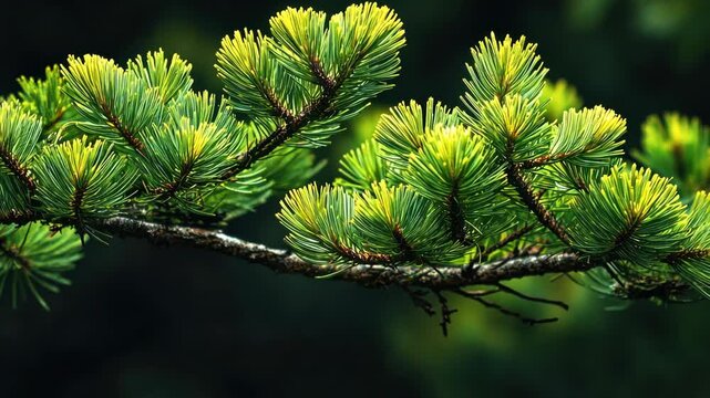 Vibrant pine branches gently sway in the breeze against a lush forest backdrop