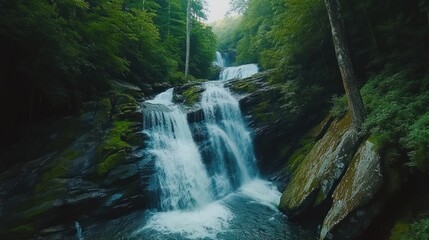 Obraz premium Lush Forest Waterfall Cascading, Nature Scene, Background, Travel Poster