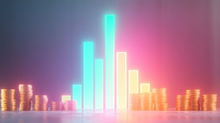 Obraz premium Neon Financial Growth Bar Graph with Stacked Gold Coins Representing Economic Success and Investment Potential 