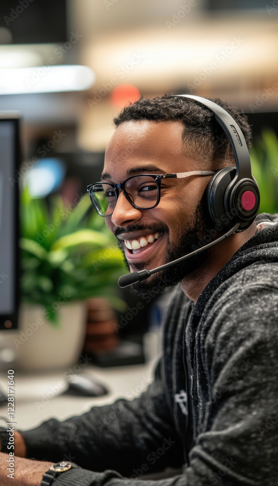 Poster smiling call center agent in casual attire with headset in a personalized office setting