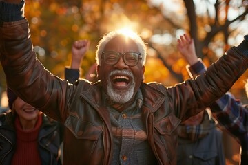 Obraz premium group of seniors joyfully dancing and celebrating their active retirement life together in a park, displaying energy and happiness in their social support system.
