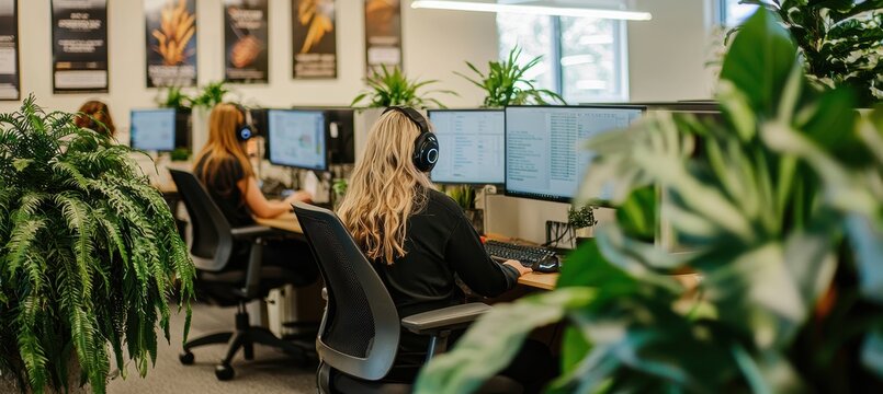 Modern Call Center with Ergonomic Workstations and Greenery for Positive Work Environment