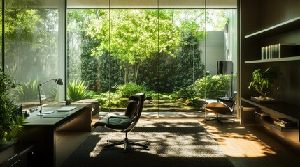 Serene Home Office with Lush Green Garden View