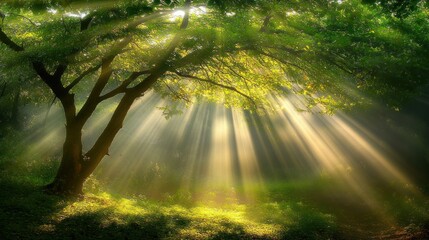 Sunbeams Illuminate Lush Green Forest Canopy And Tree