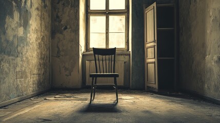A solitary chair in an abandoned room