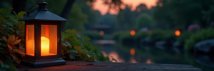 Softly glowing lantern in a serene garden at dusk, peaceful, ambiance, glow
