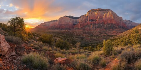 Majestic sunset over red rock formations in the canyon