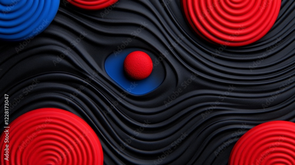 Poster abstract swirl with red and blue spheres: a mesmerizing abstract composition featuring vibrant red a
