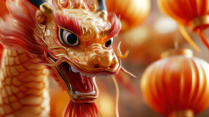 Lunar New Year Festival: Vibrant Festive dragon and Red Lanterns represents cultural heritage and celebration.