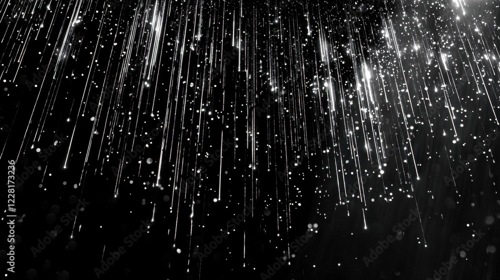 Poster shimmering lights cascade downwards, illuminating a dark backdrop. tiny particles dance and twinkle,