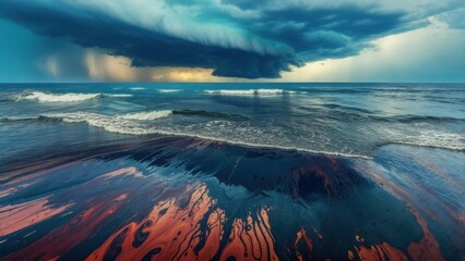 Naklejka premium Dramatic clouds gather over the ocean at sunset creating a moody atmosphere