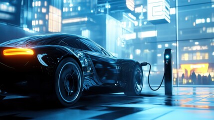 A conceptual shot of a sleek electric car charging in a modern urban environment, Transportation scene, Futuristic style