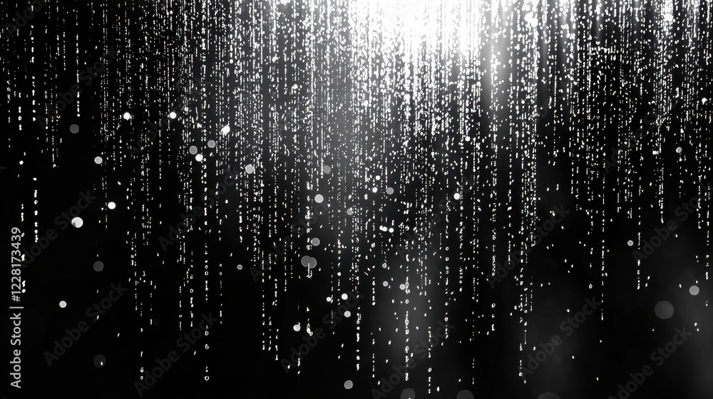 Poster raindrops create a mesmerizing pattern as they fall, forming streaks against a dark backdrop, adding