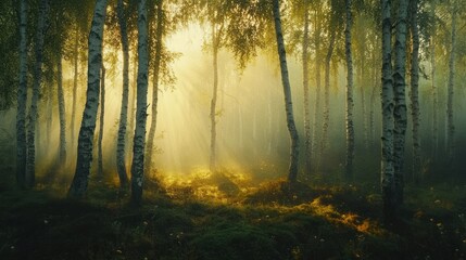 Fototapeta premium Sunlit Birch Forest Morning Mist Enchanting Scene
