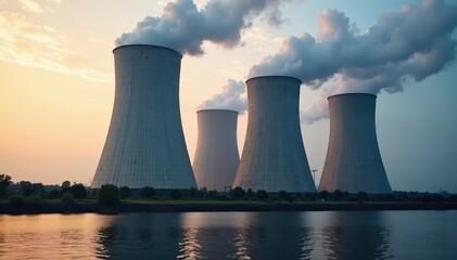 Imposing nuclear power plant with colossal cooling towers , clouds, electricity generation