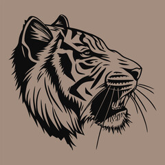 An illustration of a fierce tiger's head with powerful features and expressive eyes on a solid neutral tone background