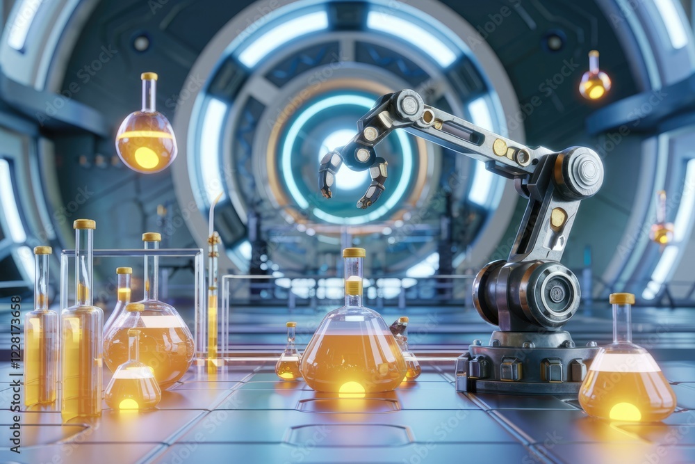 Poster a robotic arm in a futuristic lab manipulates beakers filled with glowing yellow liquid, symbolizing