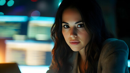 Obraz premium Hispanic female software engineer working on a laptop in a high-tech office