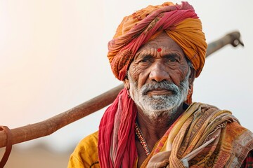 Obraz premium Indian farmer holding plow on map background agriculture celebration.