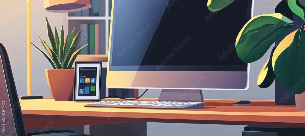 Aufkleber modern call center desk setup featuring digital frame and customer support software