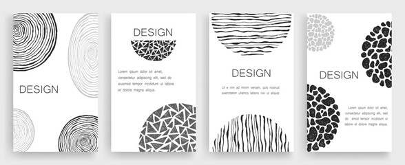 Set of posters with black and white design drawn by hand. Texture of ink drawings. Shapes of circles and semicircles and triangles.