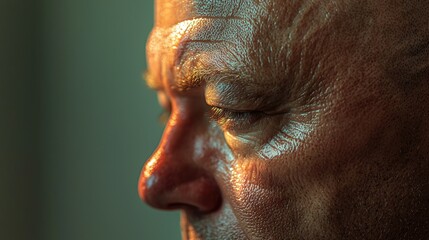 Obraz premium The profile of a man reveals deep lines and textures on his skin, illuminated by warm light in a quiet setting during the evening hours, creating a contemplative mood