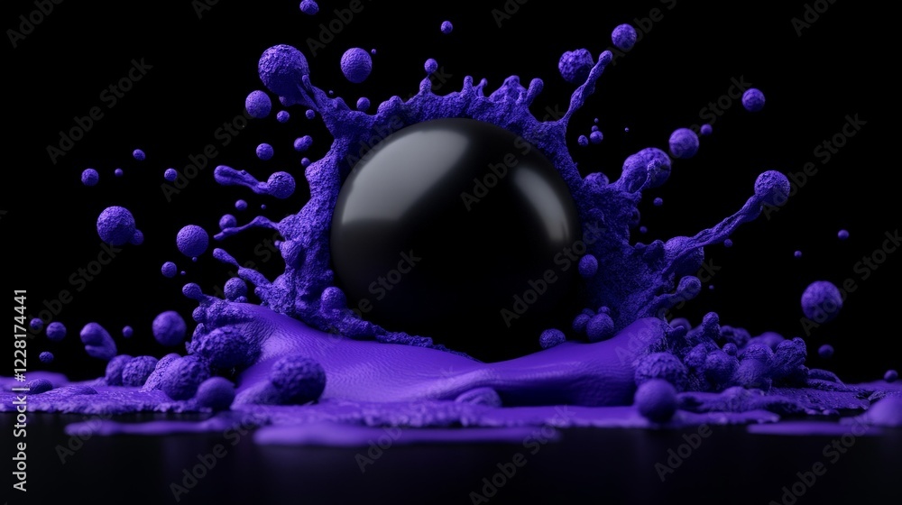 Poster purple ink splash: a dramatic close-up of a black sphere submerged in a vibrant purple ink splash, c