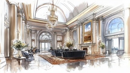 Elegant Grand Mansion Lobby Interior Design Sketch