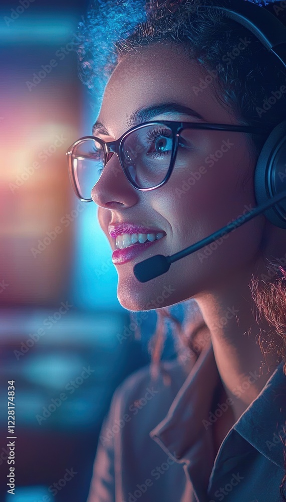 Poster dynamic call center agent engaging with modern communication interface in vibrant lighting