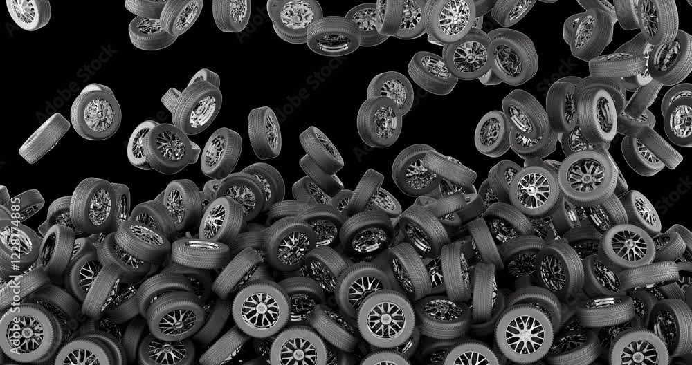 Poster car alloy wheels with tyres falling and fill the screen. 3d animation on transparent background