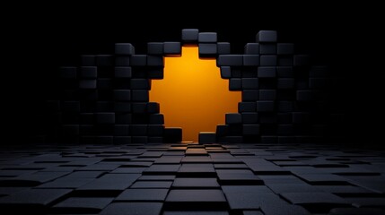 Shattered Blocks, Glowing Portal: A mesmerizing 3D render of a wall of dark, cubic blocks, with a...