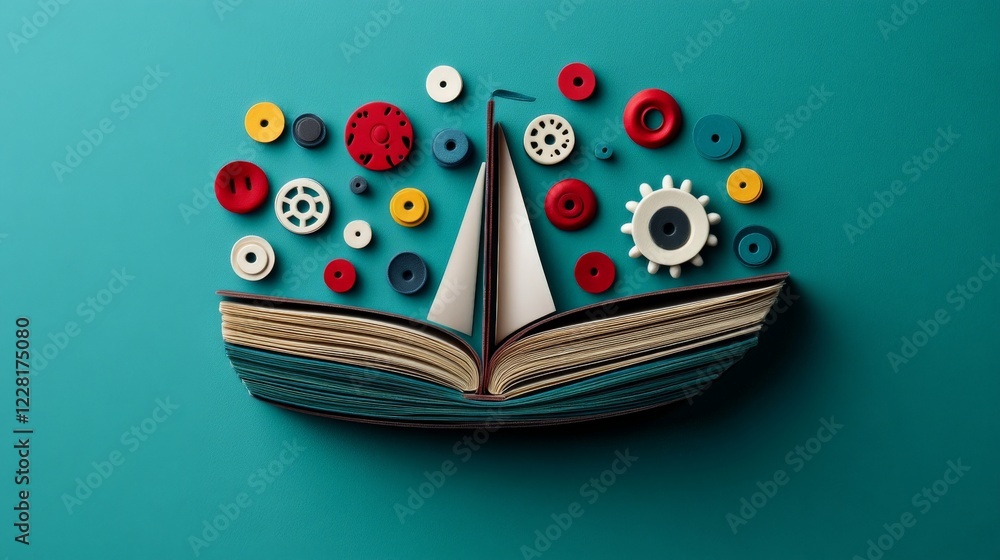 Poster sailing into knowledge: a creative flatlay showcasing an open book ingeniously transformed into a sa