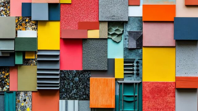 Vibrant geometric wall with dynamic textures and bold colors transitioning