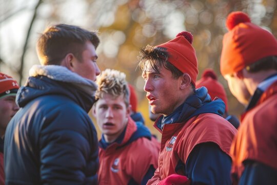 Rugby players and their coach gathering before a match