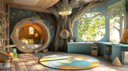 Enchanting Treehouse Kids Room Design Featuring Cozy Reading Nook