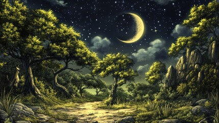 Nighttime Forest Path Under Crescent Moon And Stars