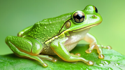 Naklejka premium Green frog sitting on a dewy leaf