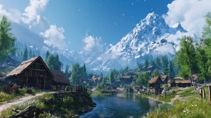 Naklejka premium Mountain Village Beside Tranquil River Under Blue Sky