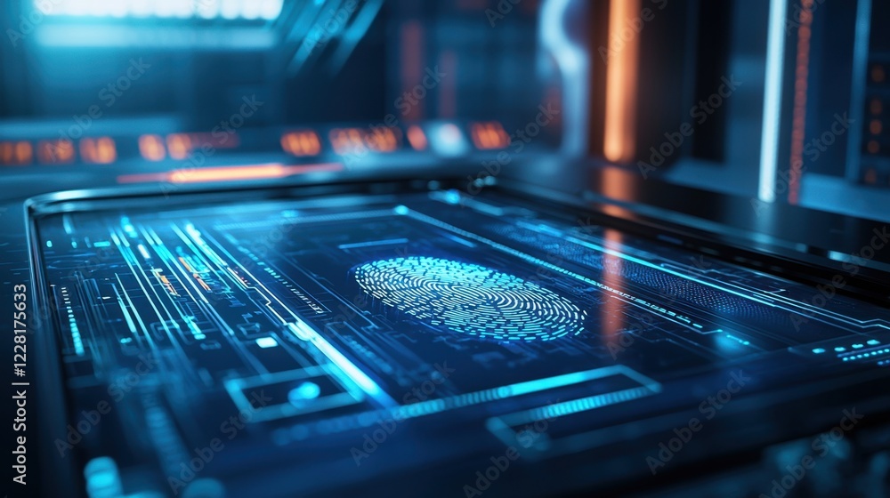 Poster a digital workspace showcases a high-tech interface featuring a glowing fingerprint, emphasizing bio