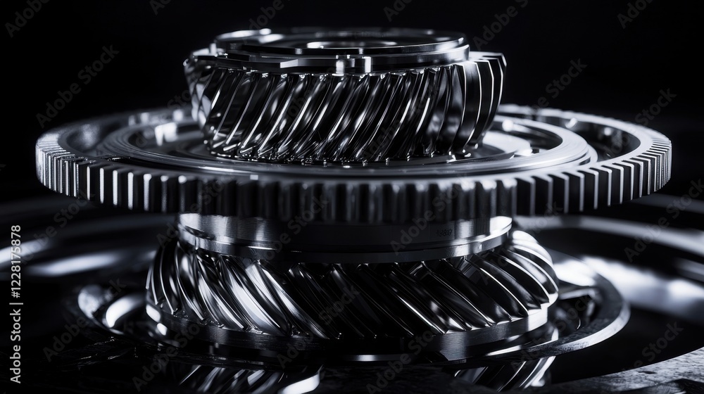 Poster close-up view of metallic gears and machine parts reveals intricate designs and precise engineering.
