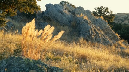 Golden Grass Bends Near Rocky Hillside Sunset